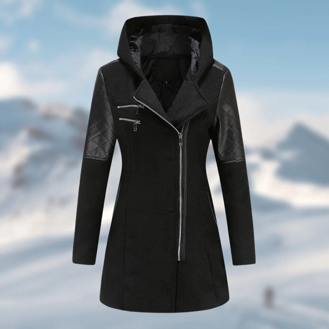 Emma | Lange warme winterjas voor dames met capuchon en moderne details