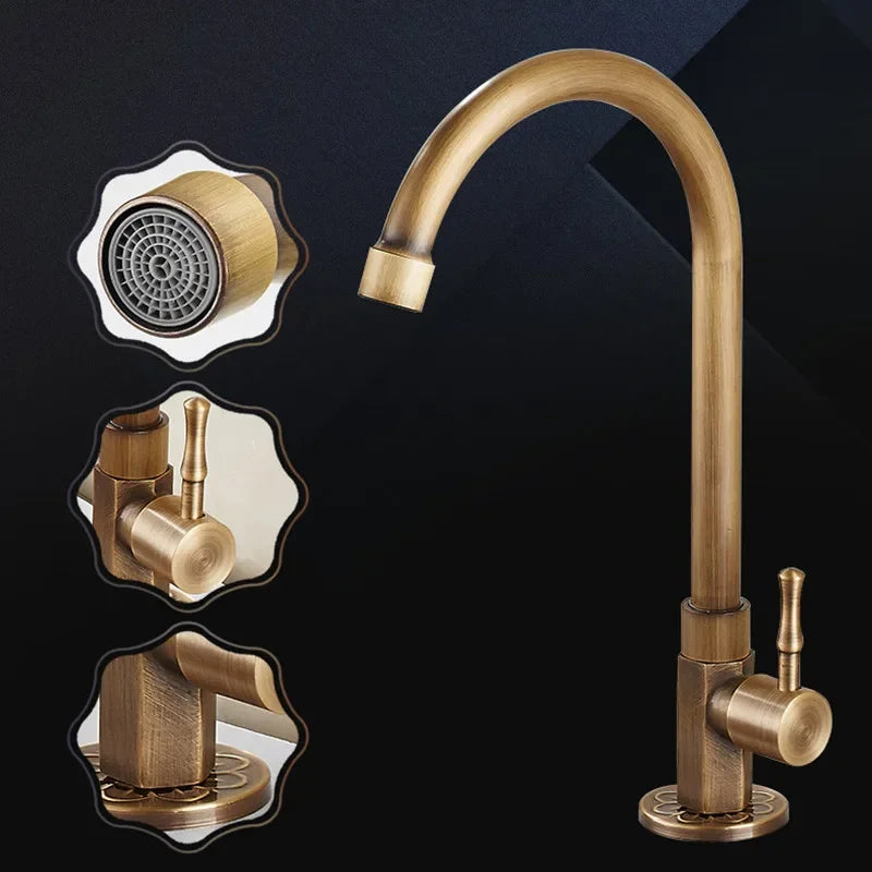 Klassieke Messing Keukenkraan - Alleen Koud Water, Gooseneck Ontwerp, Brons Geborstelde Afwerking