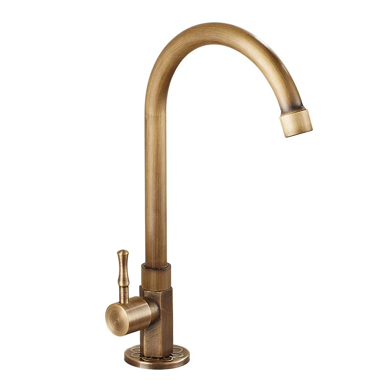 Klassieke Messing Keukenkraan - Alleen Koud Water, Gooseneck Ontwerp, Brons Geborstelde Afwerking
