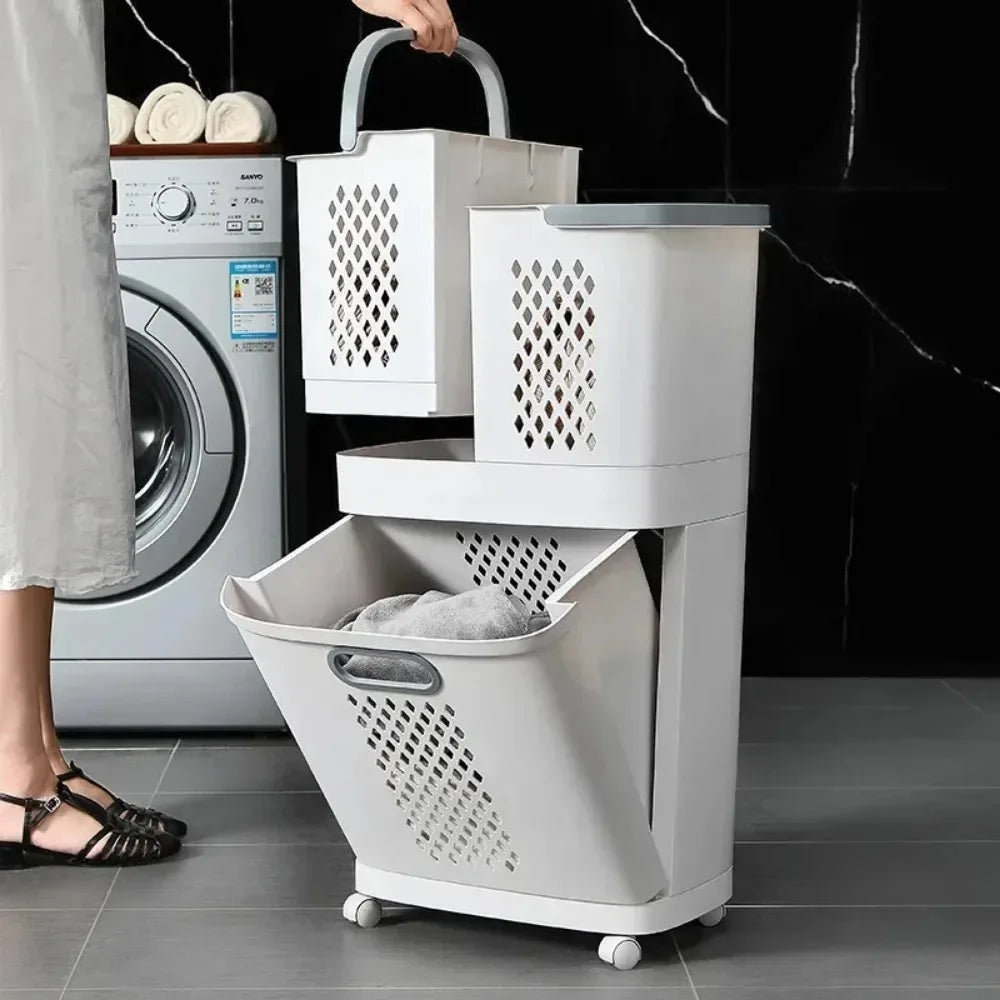 Wasmand - Draagbaar met Wielen, Gelaagde Huishoudopslag