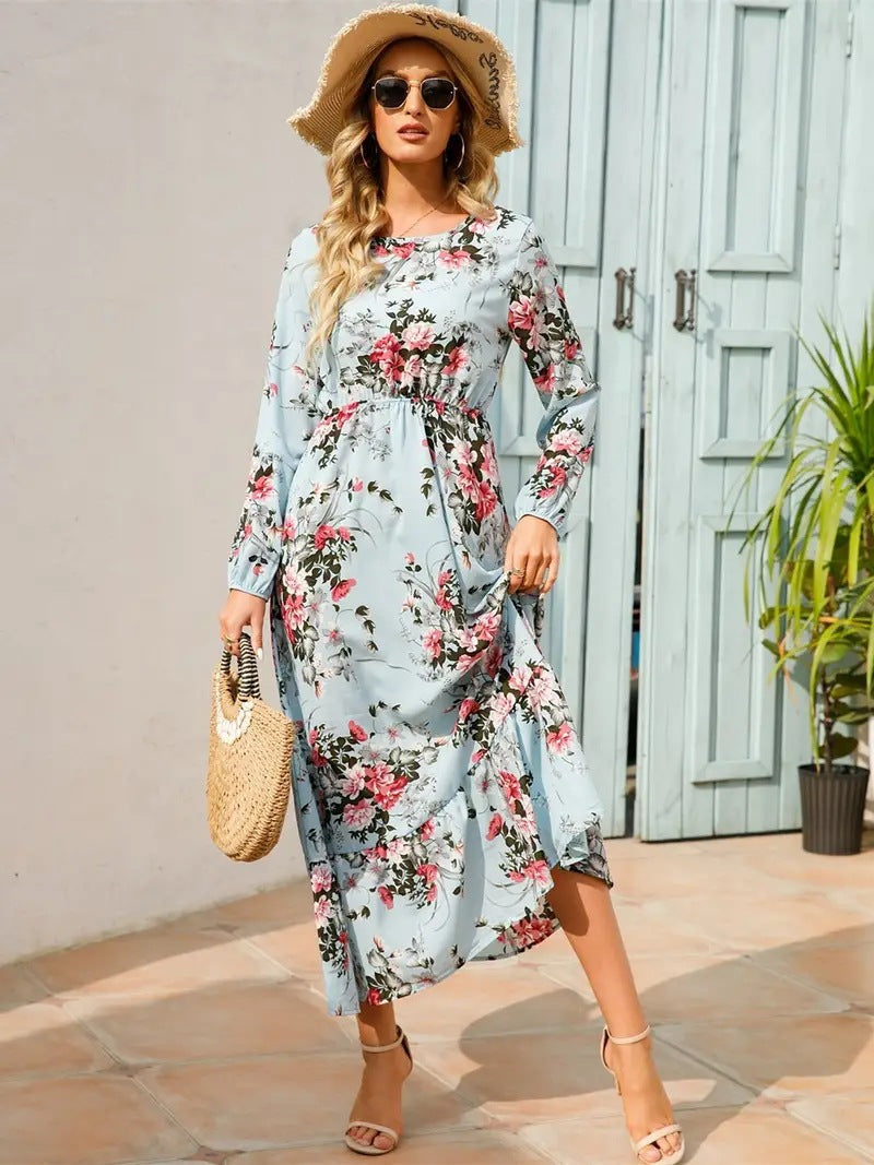 Rianne - Lichtblauwe maxi jurk met bloemenprint