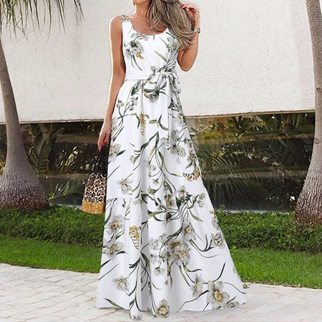 MonLu - Mouwloze maxi jurk met bloemenprint