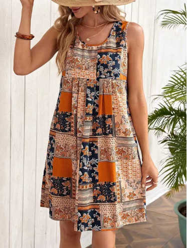 MonLu - Boho patchwork zomerjurk zonder mouwen