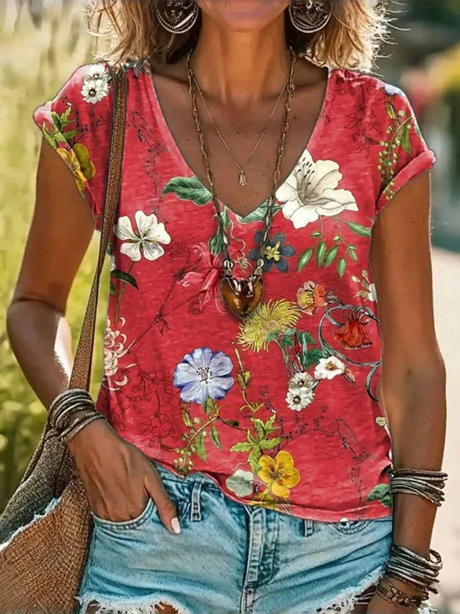Aurélie | Zacht rekbaar jersey herfst t-shirt voor dames met levendige bloemenprint en V-hals