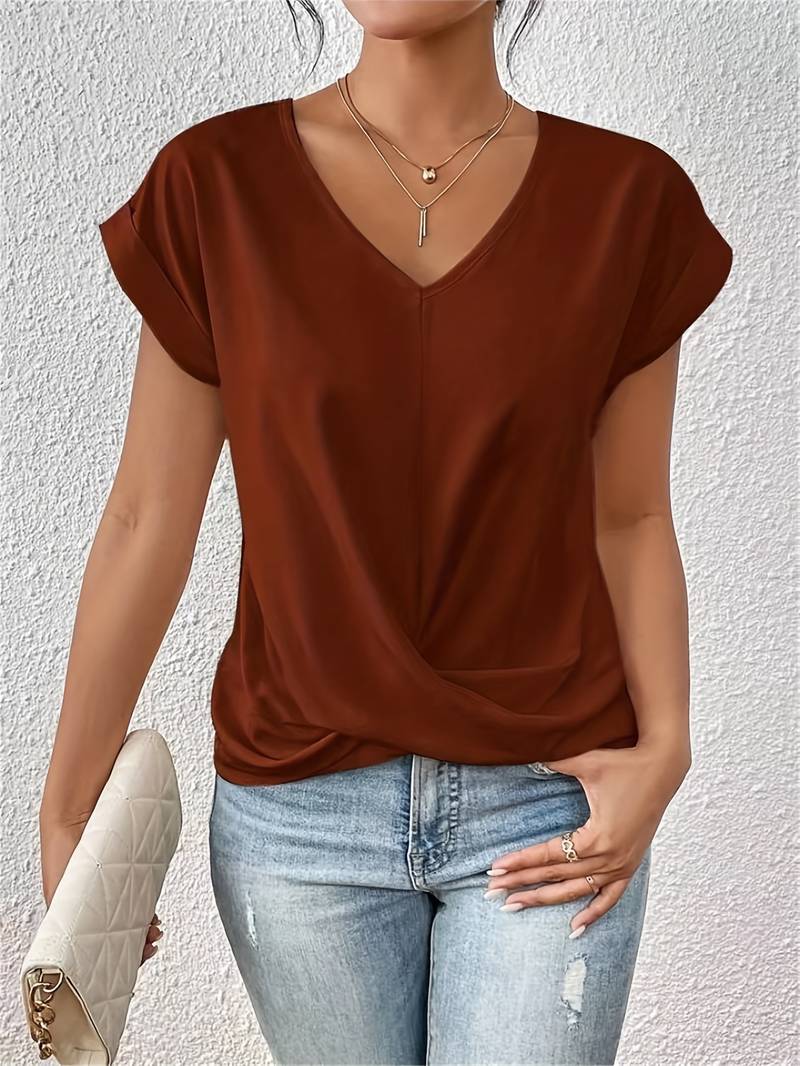 Noémie | Zachte ademende katoenmix herfst t-shirt voor dames met flatterende V-hals