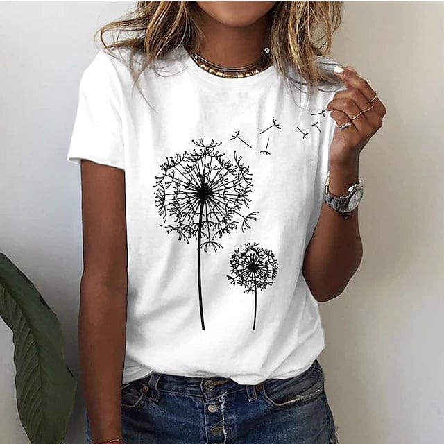 Elodie | Losvallend ademend katoenmix herfst t-shirt voor dames met grafische paardenbloemprint