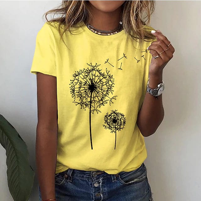 Elodie | Losvallend ademend katoenmix herfst t-shirt voor dames met grafische paardenbloemprint