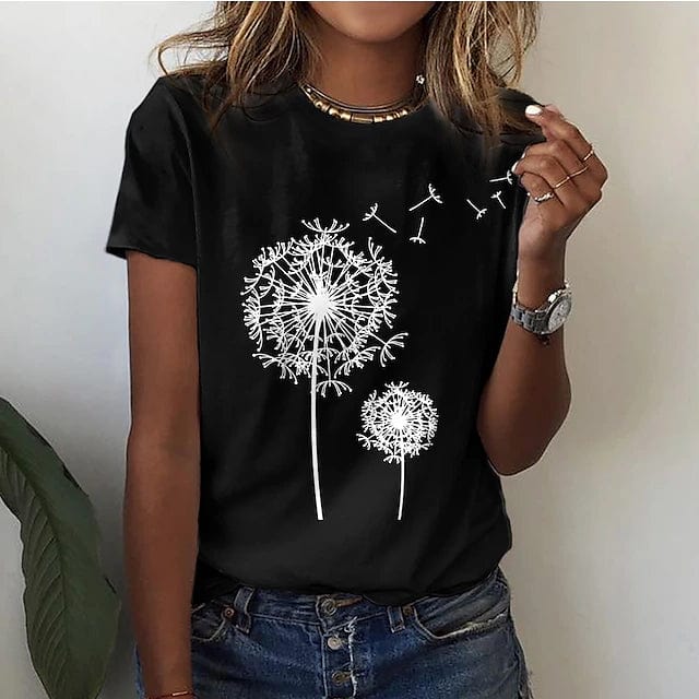 Elodie | Losvallend ademend katoenmix herfst t-shirt voor dames met grafische paardenbloemprint