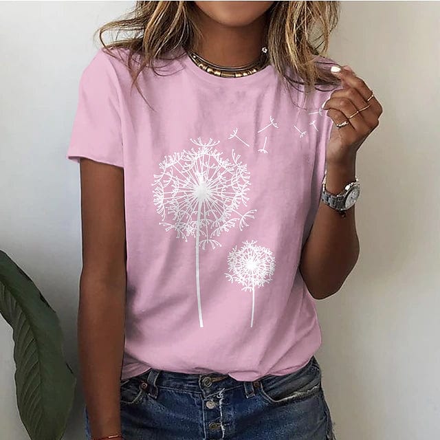 Elodie | Losvallend ademend katoenmix herfst t-shirt voor dames met grafische paardenbloemprint