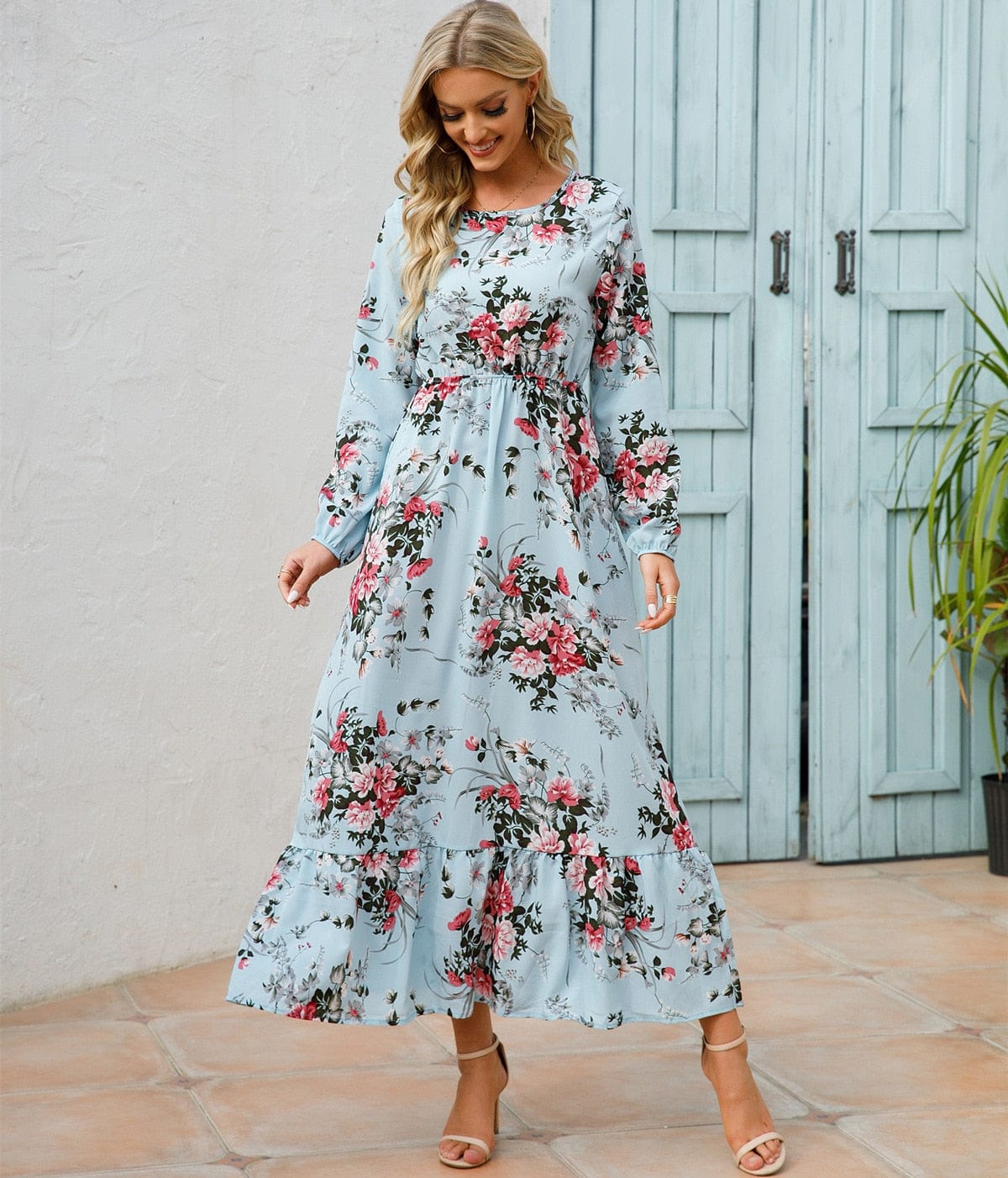 Rianne - Lichtblauwe maxi jurk met bloemenprint