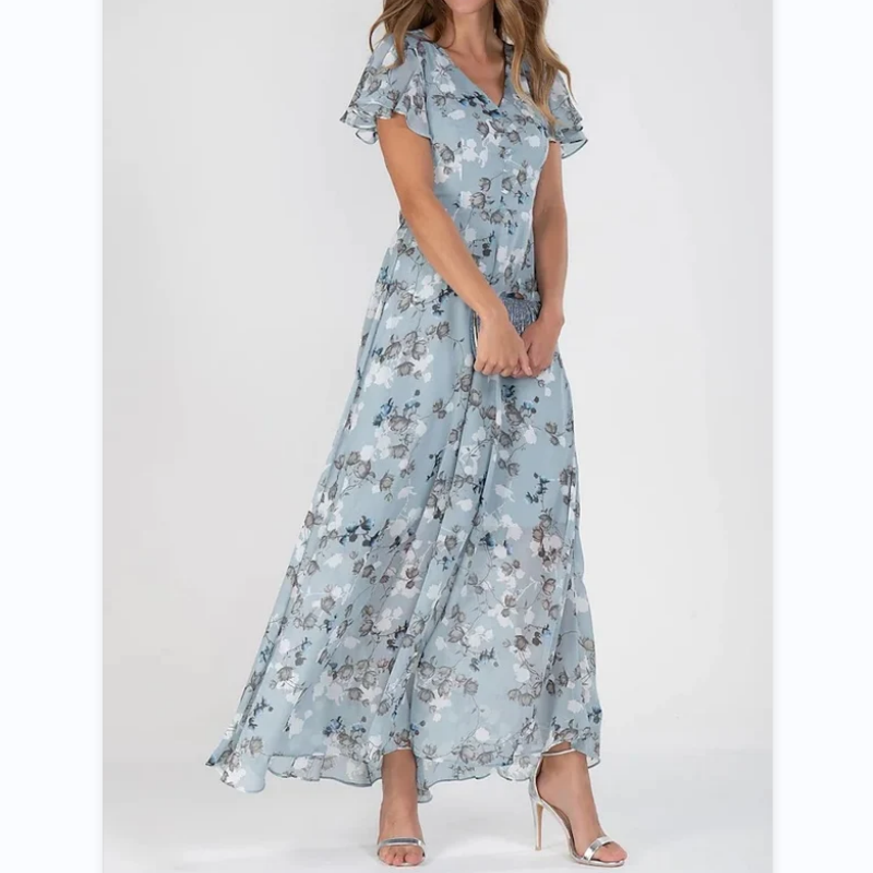 Zomerse midi-jurk met bloemenprint en vlindermouwen – elegantie voor elke zomerdag
